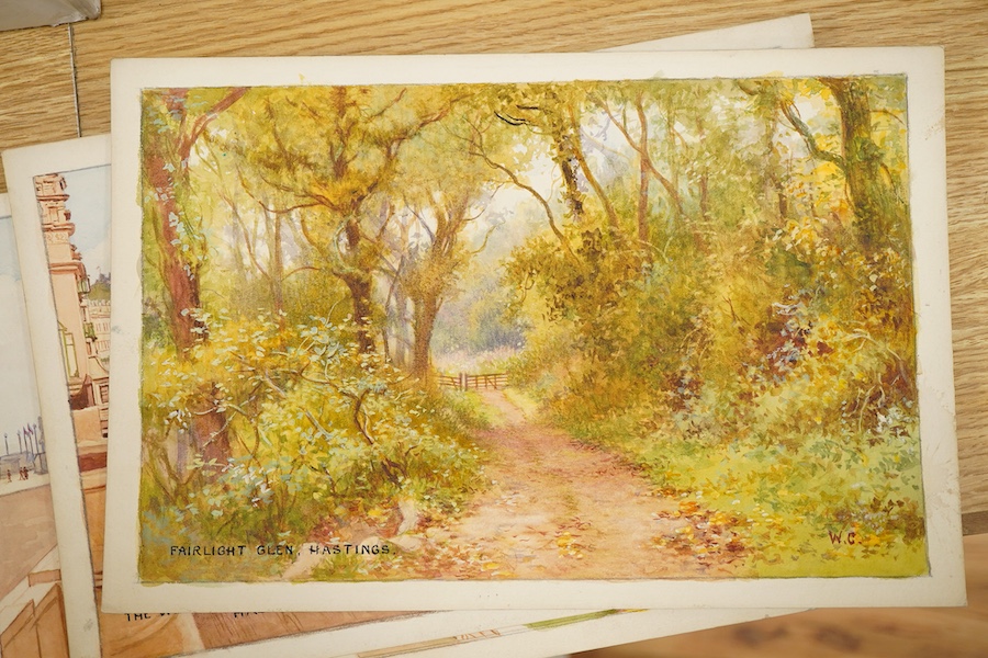 William Carruthers Affleck (1868-1943), Set of seven original watercolours for postcard designs, comprising of Hasting views, to include: ‘Sunken Gardens’, ‘Fairlight Glen’ and ‘The Pier’, 21 x 31cm